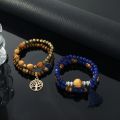 New 4pcs Vintage Bracelet Ladies Light Luxury Style Multi Color System Stone Tassel Multi Layer Beads Leaf Pendant Jewelry. 