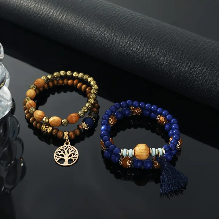 New%204pcs%20Vintage%20Bracelet%20Ladies%20Light%20Luxury%20Style%20Multi%20Color%20System%20Stone%20Tassel%20Multi%20Layer%20Beads%20Leaf%20Pendant%20Jewelry%20-%20Image%204