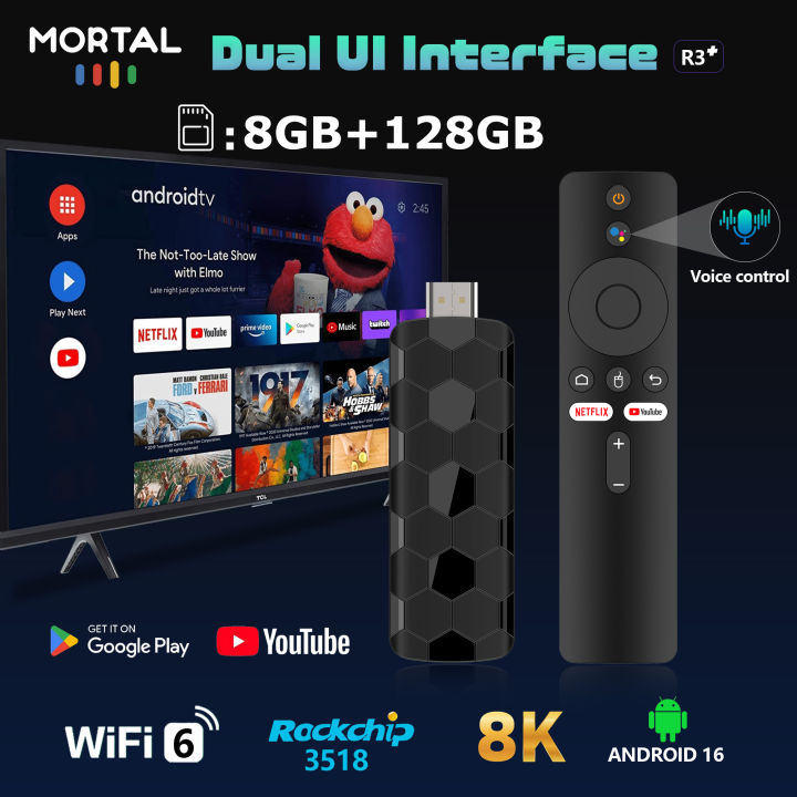 Mortal R3+ TV Stick Android 16.0 With RK3518 WiFi 6 8GB RAM 128GB ROM Voice Remote 4K UHD HDR10 Streaming Media Player