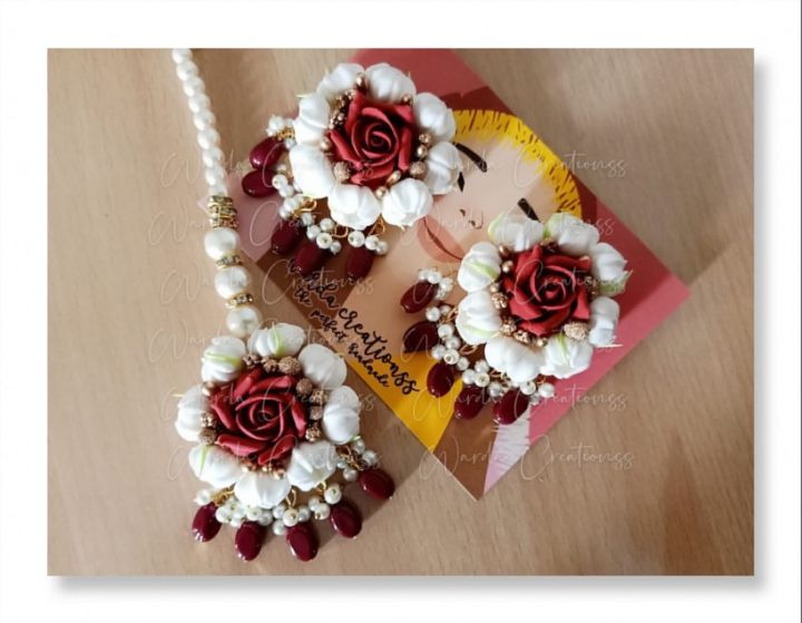 Handmade Artificial flower earrings with teeka set, customized jewellery