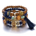 New 4pcs Vintage Bracelet Ladies Light Luxury Style Multi Color System Stone Tassel Multi Layer Beads Leaf Pendant Jewelry. 