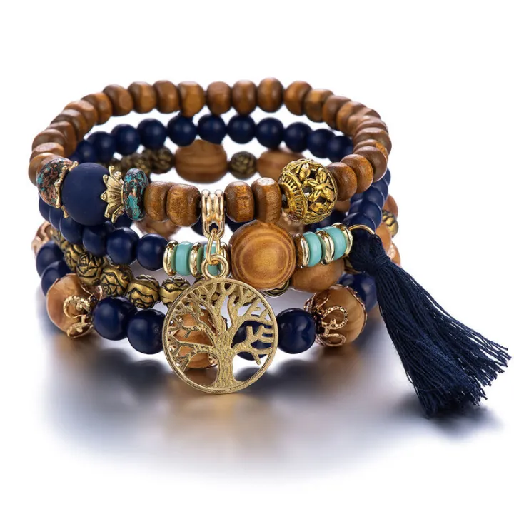 New%204pcs%20Vintage%20Bracelet%20Ladies%20Light%20Luxury%20Style%20Multi%20Color%20System%20Stone%20Tassel%20Multi%20Layer%20Beads%20Leaf%20Pendant%20Jewelry%20-%20Image%202