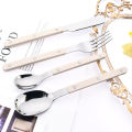 Beige Silver 4/16Pcs Dinnerware Acrylic Handle Knife Fork Spoon Set Stainless Steels Cutlery Set Western Dinner Kitchen Flatware.