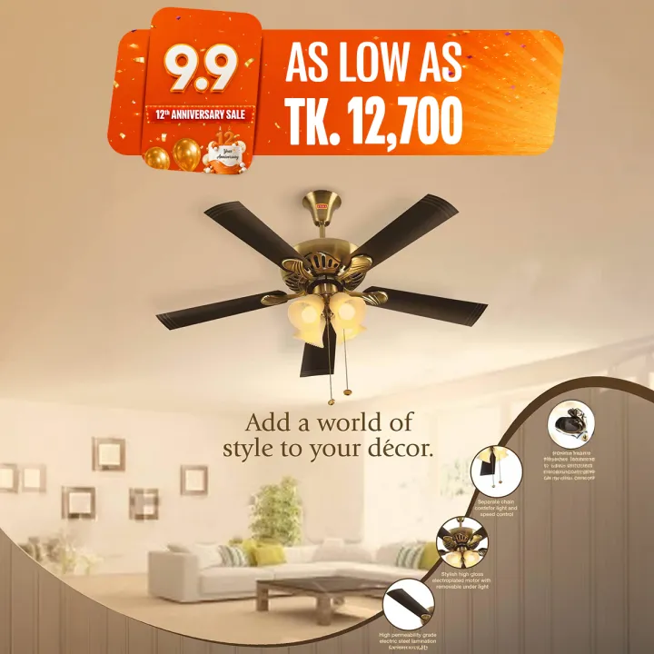 Usha Fontana Maple 1250mm/50” Ceiling Fan (Antique Brass)