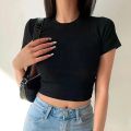 Short Sleeve T-Shirt Women Solid Simple Casual Soft All-Match Basic Crop Tops Tees Summer Fashion Skinny Tops Black White.