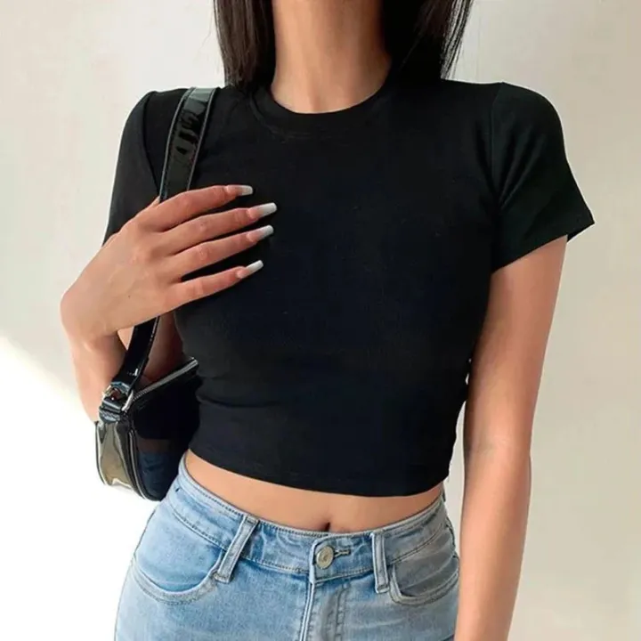 Short%20Sleeve%20T-Shirt%20Women%20Solid%20Simple%20Casual%20Soft%20All-Match%20Basic%20Crop%20Tops%20Tees%20Summer%20Fashion%20Skinny%20Tops%20Black%20White%20-%20Image%202