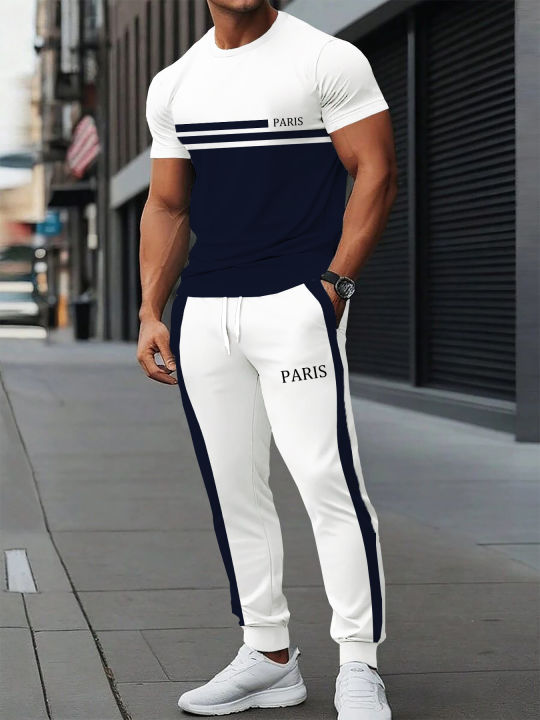 Fashionable men's polyester micro elastic letter print breathable round neck T-shirt pants set summer outdoor casual sportswear
