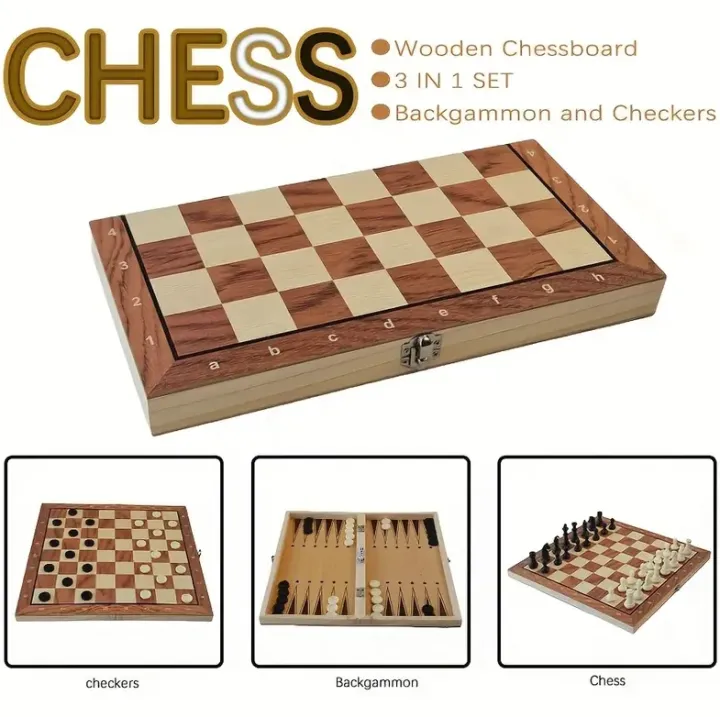 Premium 3-in-1 Chess, Checkers & Backgammon Set | Foldable Wooden Board ...