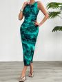 Women's 2024 Spring Summer New Fashionable Printed Round Neck Style Slimming Sleeveless Tight Dress With Split Bottom. 