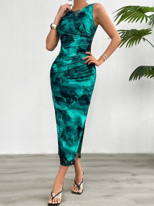 Women's%202024%20Spring%20Summer%20New%20Fashionable%20Printed%20Round%20Neck%20Style%20Slimming%20Sleeveless%20Tight%20Dress%20With%20Split%20Bottom%20-%20Image%202