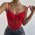 French Lace Underwire Rhomboid Fishbone Crop Top Backless Hottie Perspective Corset Red V-neck Elegant and Temperament Vest.