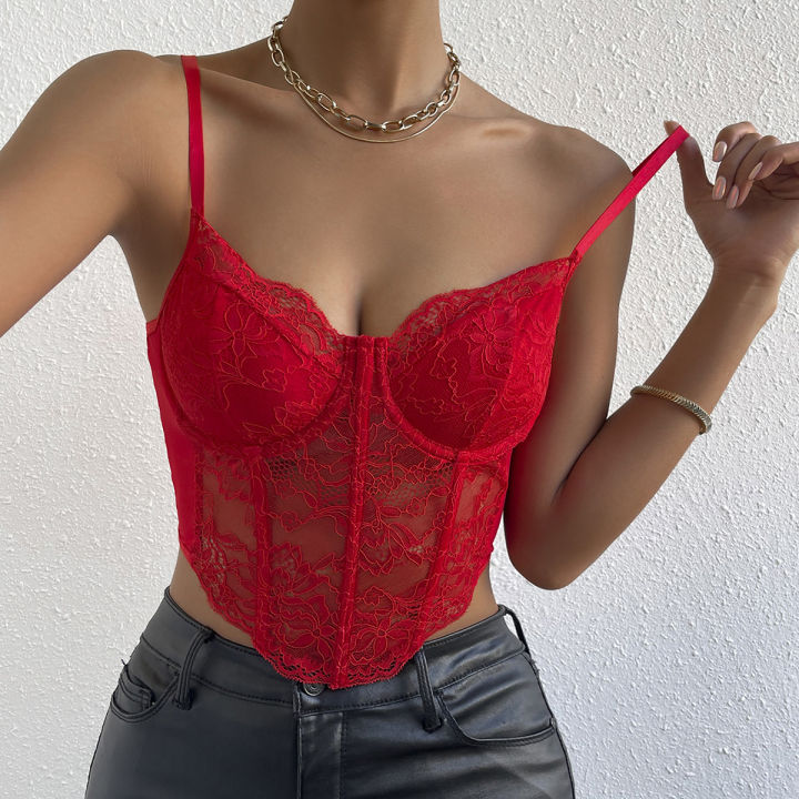 French Lace Underwire Rhomboid Fishbone Crop Top Backless Hottie Perspective Corset Red V-neck Elegant and Temperament Vest