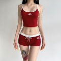 Y2K Women Summer Outfits Set Embroidery Letters Contrast Color Slim Backless Camisole Tops+Drawstring Elastic Waist Shorts.