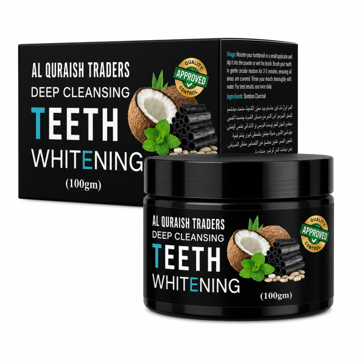 Al Quraish Traders Activated Charcoal Teeth Whitening Powder – 100% Natural Coconut Charcoal, Stain Removal & Breath Freshening