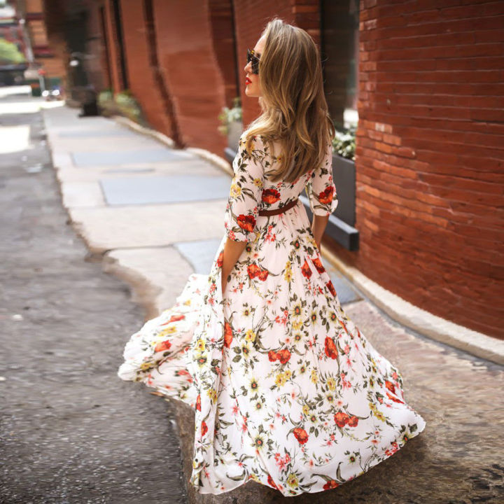 Nauwsluitende%20Bedrukte%20Jurk%20Elegante%20%20Maxi%20Jurk%20Voor%20Vrouwen%20A-Lijn%20Silhouet%20Hoge%20Taille%20Ontwerp%20Halve%20Mouw%20Detail%20Voor%20De%20-%20Image%202