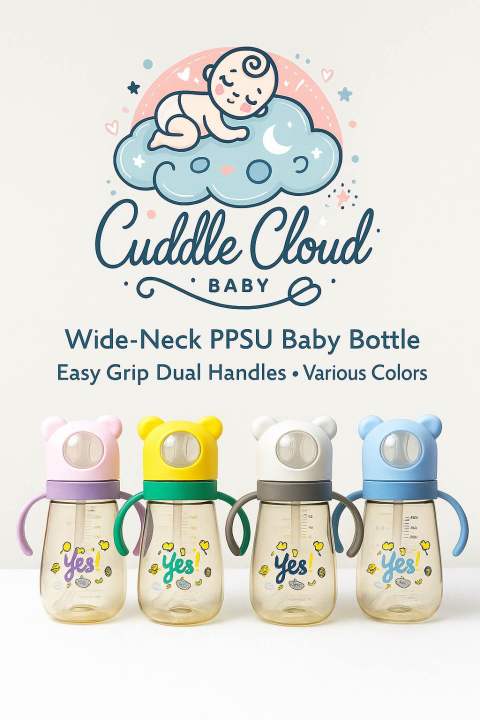 AZ 814 Premium PPSU Wide-Neck Baby Feeding Bottle with Bear-Shaped Cap, Dual Handles & Anti-Colic Straw – 320ml – BPA Free – Leak-Proof Design for Easy Grip & Transition Feeding (Available in Pink, Yellow, White & Blue)
