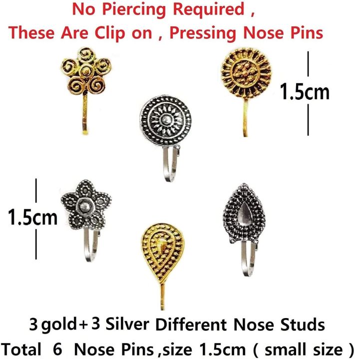 Flower Nose ring Oxidized Traditional  Nose cuff ring Clip on nose pin non piercing Fake Septum Nose Ring Nose Stud for girl & Women Combo Pack of 2/3/5 pcs