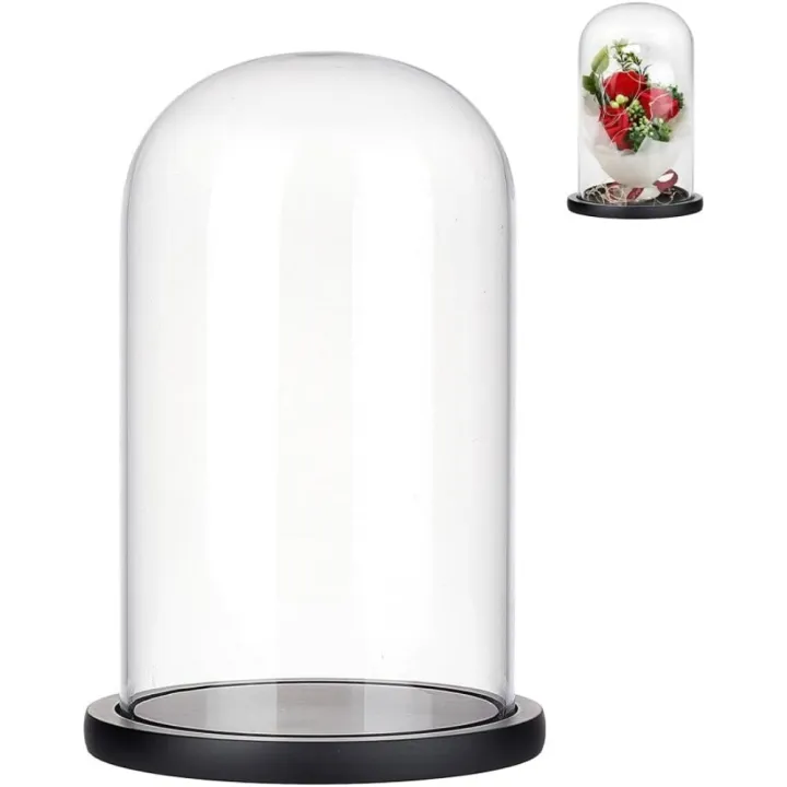 Bell Jar Racks Clear Bell Jar Display Case with Black Wood Base for Collectibles Rose ...