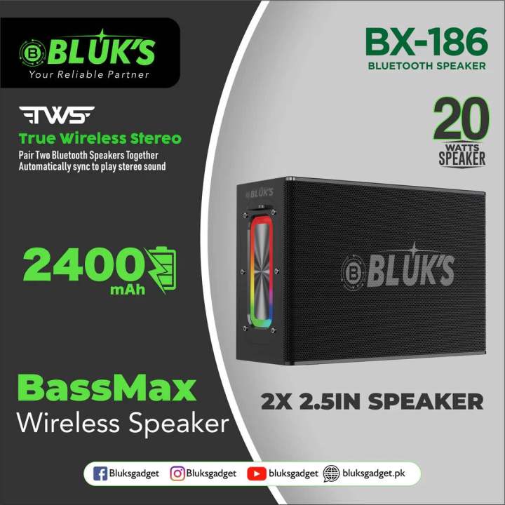BLUK'S BX-186 BassMax Heavy Sound Portable 20W Wireless Bluetooth Speaker Long Lasting Batery - 1 Year Warranty