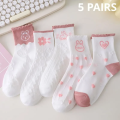 5 Pairs Women Middle Tube Socks Heart Cute Fashion Casual White Four Season Ruffles Pattern Pink Harajuku Kawaii Girls 5 Pairs W. 