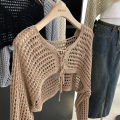 Crochet Crop Tie Front Cardigan Women Long Sleeve Sheer OpenKnit Bolero Shrug Top Summer Beach Bikini Cover Up Y2K Outfit. 