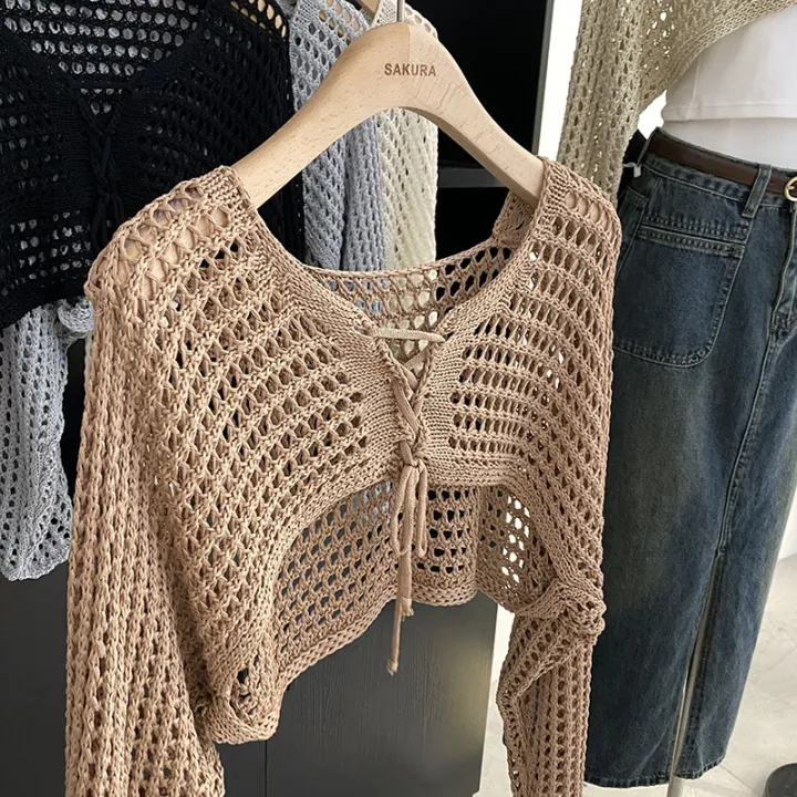 Crochet%20Crop%20Tie%20Front%20Cardigan%20Women%20Long%20Sleeve%20Sheer%20OpenKnit%20Bolero%20Shrug%20Top%20Summer%20Beach%20Bikini%20Cover%20Up%20Y2K%20Outfit%20-%20Image%205