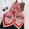 Imitation Silk Red Print Square Scarf For Women, Bandana Spring/Summer Luxury Scarf,Hair Head Band For Dressing Up Your Look. 