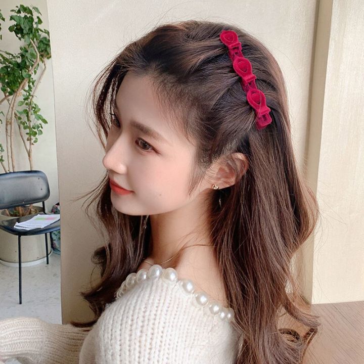 Fashion Braided Hair Clips Korean Style Flocking Sweet Cute Hair Clips for Girls Summer Bangs Side Clip | Maroon