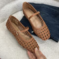 2025 Versatile Brown Color Summer Sandals Women's Square Toe Shoes Covered Toe Shoes Fashion Hollow Flat Heels Women's Sandals. 