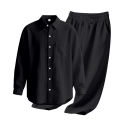 Men's Autumn Loose Trend Linen Solid Color Simple Lapel Long-Sleeved Shirt Beach Trousers Set.