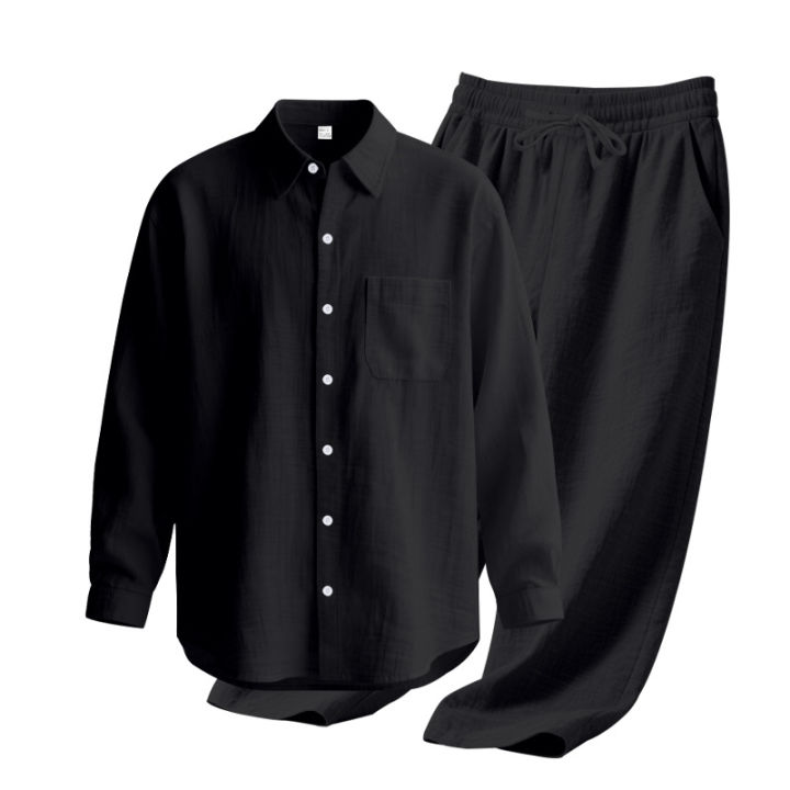 Men's%20Autumn%20Loose%20Trend%20Linen%20Solid%20Color%20Simple%20Lapel%20Long-Sleeved%20Shirt%20Beach%20Trousers%20Set%20-%20Image%203