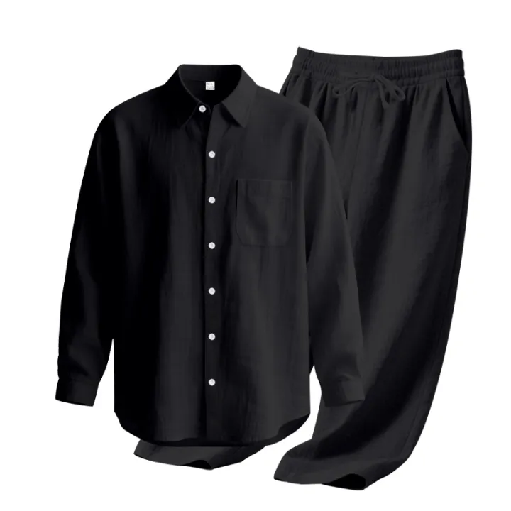 Men's%20Autumn%20Loose%20Trend%20Linen%20Solid%20Color%20Simple%20Lapel%20Long-Sleeved%20Shirt%20Beach%20Trousers%20Set%20-%20Image%203