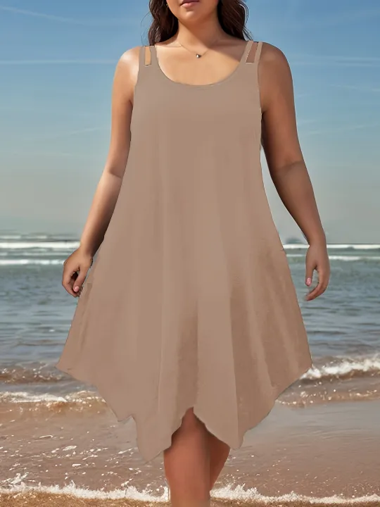 Large%20women's%20solid%20color%20asymmetrical%20hem%20camisole%20dress%20-%20Image%204