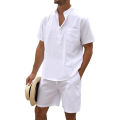 2Pcs Sets Men's Cotton Linen Set Henley Shirts Shorts Outfits Beach T-shirt Vacation Matching Suit Summer Wear Short Sleeve.