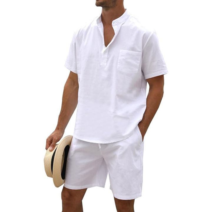 2Pcs Sets Men's Cotton Linen Set Henley Shirts Shorts Outfits Beach T-shirt Vacation Matching Suit Summer Wear Short Sleeve
