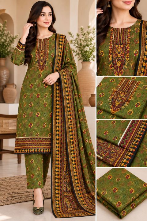 ANZARA 3 Piece Unstitched Suit for Women | Printed Shirt Trouser & Border Printed Dupatta | Elegant Ladies Dress