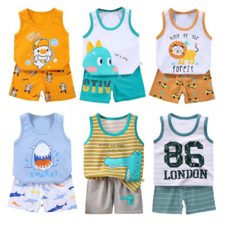 Kids Cartoon Vest+Shorts Clothes Set Summer Boys Girls Soft Cotton Nightwear T-Shirts Shorts Pajama Suit  Casual Sport Clothing