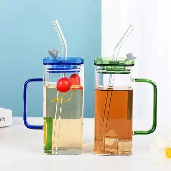 Glass Tumblers Cups With Straw Mason Jar Clear Juice ice cream Coffee Milk Cup With Plastic Lids Drink ware Stripe
