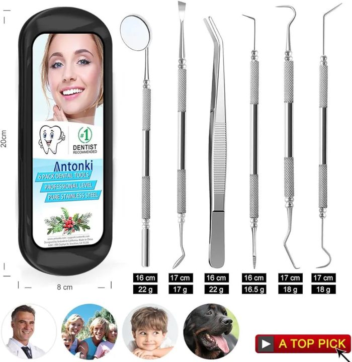 Dental Tools To Remove Plaque and Tartar, Professional Teeth Cleaning Tools, Stainless Steel Dental Hygiene Oral Care Kit with Plaque Remover, Tartar Scraper, Tooth Scaler, Dental Pick - with Case