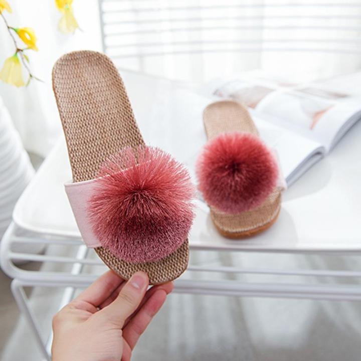 Linen%20Platform%20Slippers%20Women%20Home%20Hairball%20Designer%20Shoes%20Girls%20Fashion%20Casual%20House%20Elegant%20Slippers%20Flats%20Open%20Toe%20Indoor%20-%20Image%206