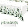 1pc Spring Sage Green Table Cloth Plastic Disposable Table Cover Eucalyptus Leaf Printed Pattern for Plant Themed Party.