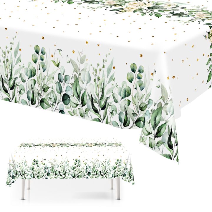 1pc Spring Sage Green Table Cloth Plastic Disposable Table Cover Eucalyptus Leaf Printed Pattern for Plant Themed Party