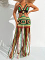 Women Summer Crochet Halter Deep V Neck Cover Ups Multicolor Swimsuit Long Tassel Bikini Knit Dress Cover-Ups Backless Beachwear. 