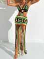 Women Summer Crochet Halter Deep V Neck Cover Ups Multicolor Swimsuit Long Tassel Bikini Knit Dress Cover-Ups Backless Beachwear. 