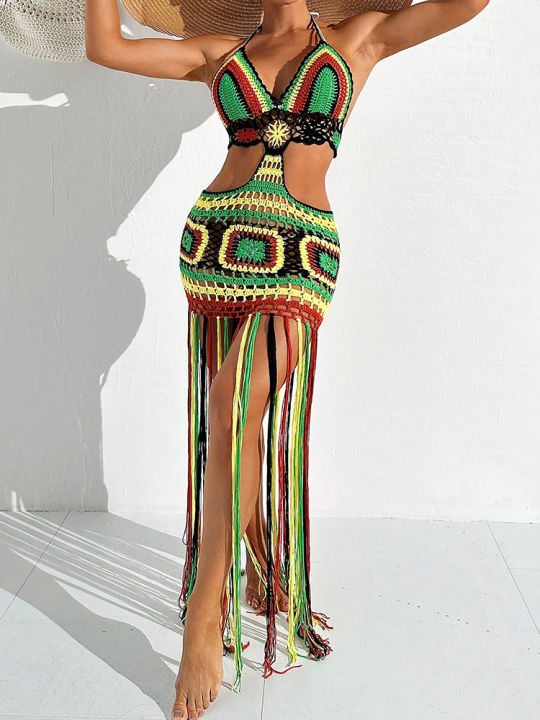 Women%20Summer%20Crochet%20Halter%20Deep%20V%20Neck%20Cover%20Ups%20Multicolor%20Swimsuit%20Long%20Tassel%20Bikini%20Knit%20Dress%20Cover-Ups%20Backless%20Beachwear%20-%20Image%203