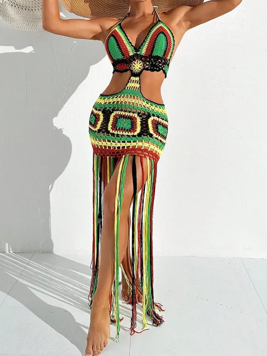 Women%20Summer%20Crochet%20Halter%20Deep%20V%20Neck%20Cover%20Ups%20Multicolor%20Swimsuit%20Long%20Tassel%20Bikini%20Knit%20Dress%20Cover-Ups%20Backless%20Beachwear%20-%20Image%203