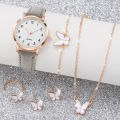 6PCS Women's Watch Fashion Arabic Dial Leather Band Quartz Watches Butterfly Jewelry Set（Without Box）. 