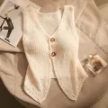 Summer Women Fashion Solid Color Chic Buttons V-neck Sleeveless Knitted Camisole. 