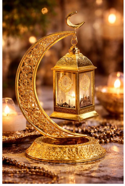 Luxury Golden Crescent Moon LED Lantern Lamp – Islamic Ramadan Table ...