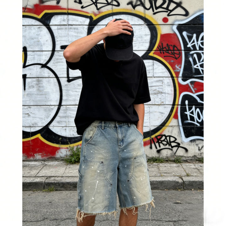 Summer men's loose straight denim shorts with high street splatter ink and raw hem breathable and stylish for daily outdoor wear